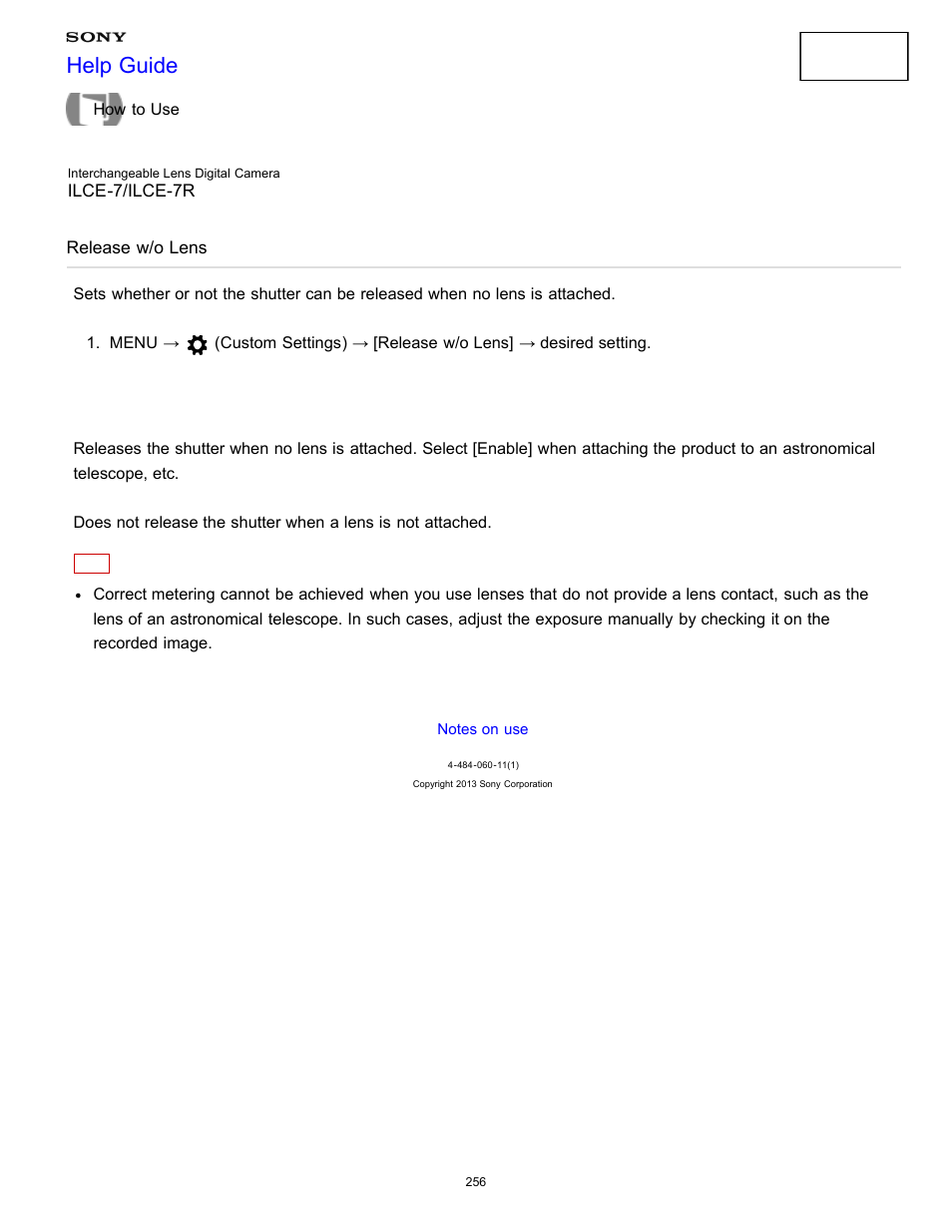 Release w/o lens, Help guide | Sony ILCE-7K User Manual | Page 265 / 455