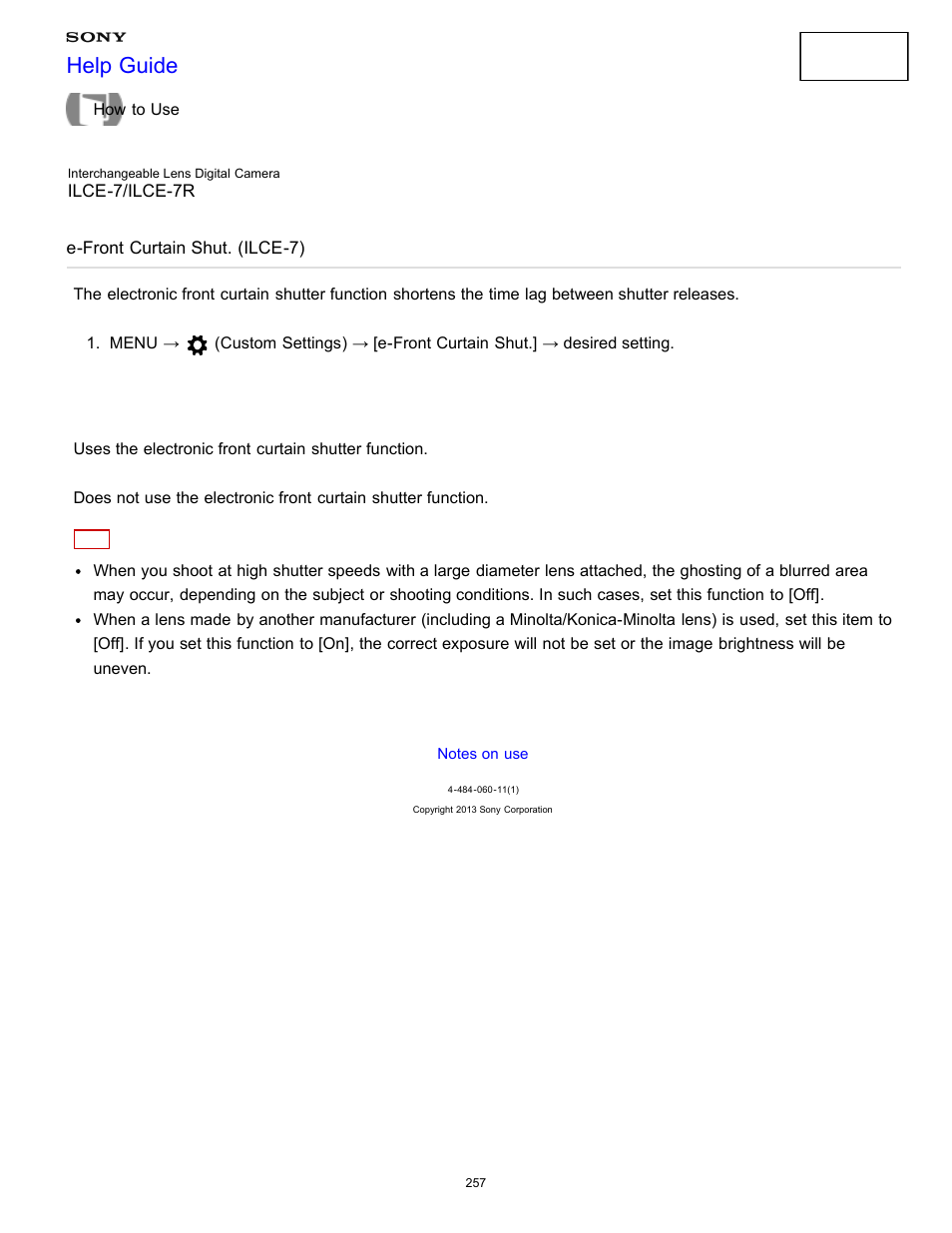 E-front curtain shut. (ilce-7), Help guide | Sony ILCE-7K User Manual | Page 266 / 455