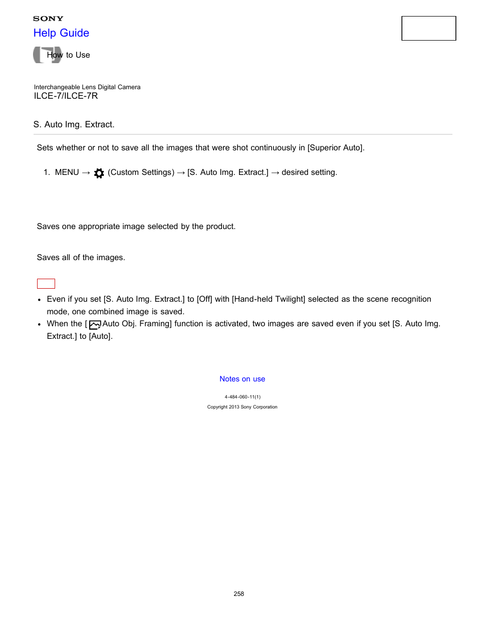 S. auto img. extract, Help guide | Sony ILCE-7K User Manual | Page 267 / 455