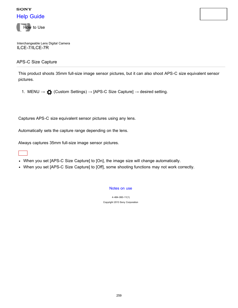 Aps-c size capture, Help guide | Sony ILCE-7K User Manual | Page 268 / 455