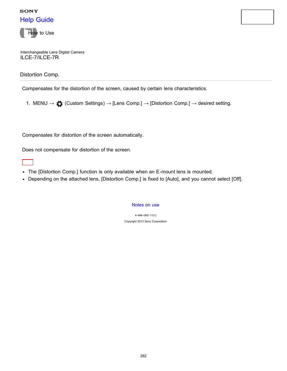 Distortion comp, Help guide | Sony ILCE-7K User Manual | Page 271 / 455