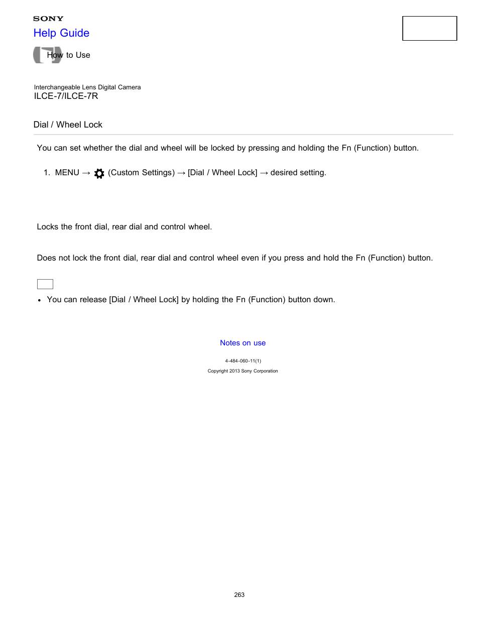 Dial / wheel lock, Help guide | Sony ILCE-7K User Manual | Page 272 / 455