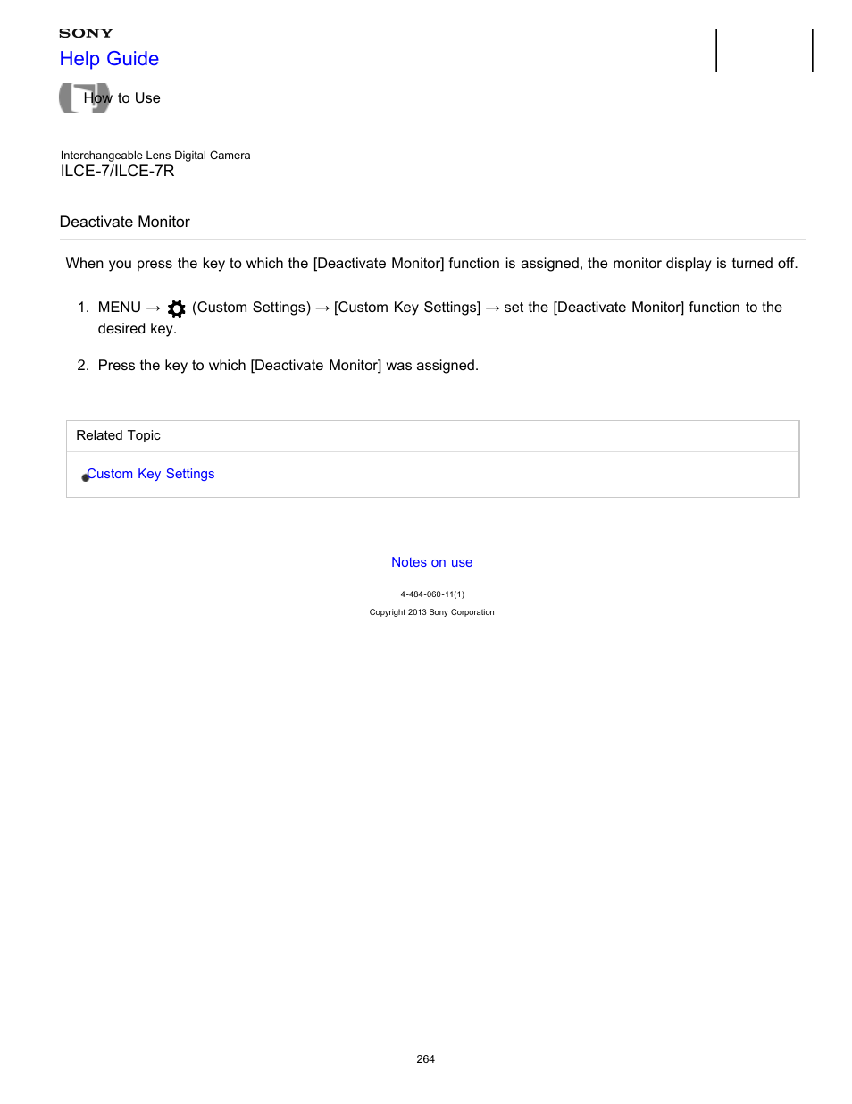 Deactivate monitor, Help guide | Sony ILCE-7K User Manual | Page 273 / 455