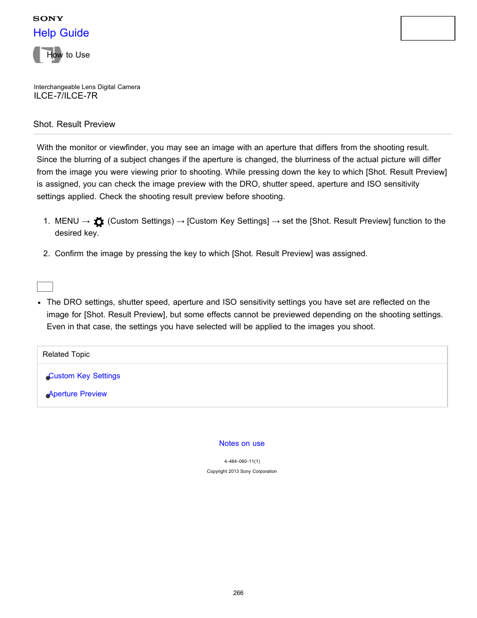 Shot. result preview, Help guide | Sony ILCE-7K User Manual | Page 275 / 455