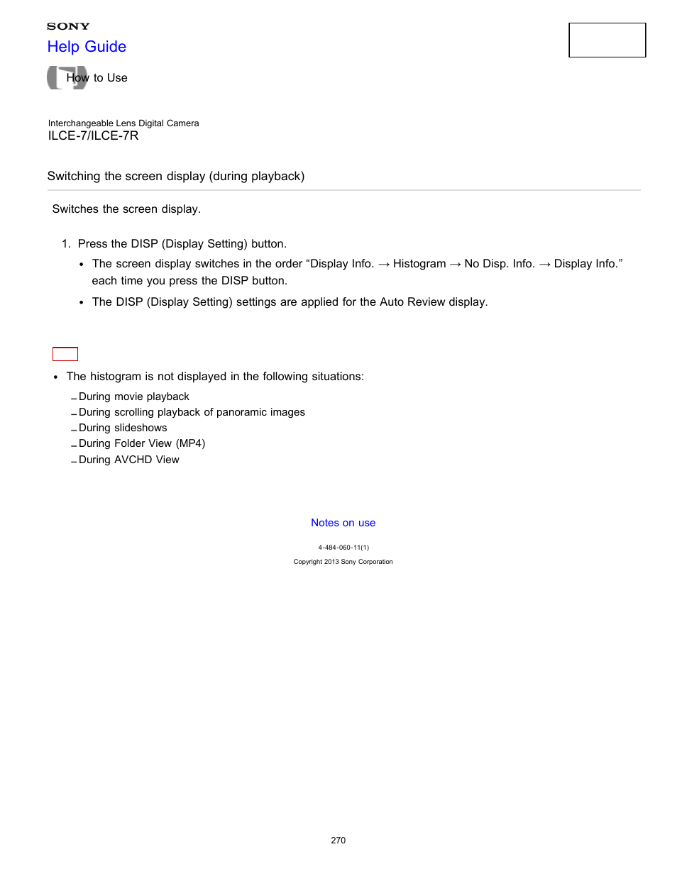 Switching the screen display (during playback), Switches the screen display, Help guide | Sony ILCE-7K User Manual | Page 279 / 455