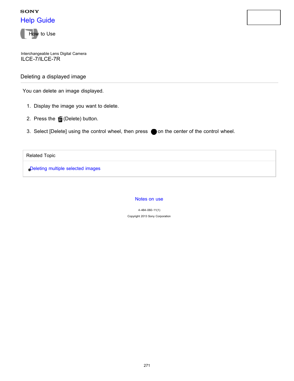 Deleting a displayed image, You can delete an image displayed, Help guide | Sony ILCE-7K User Manual | Page 280 / 455