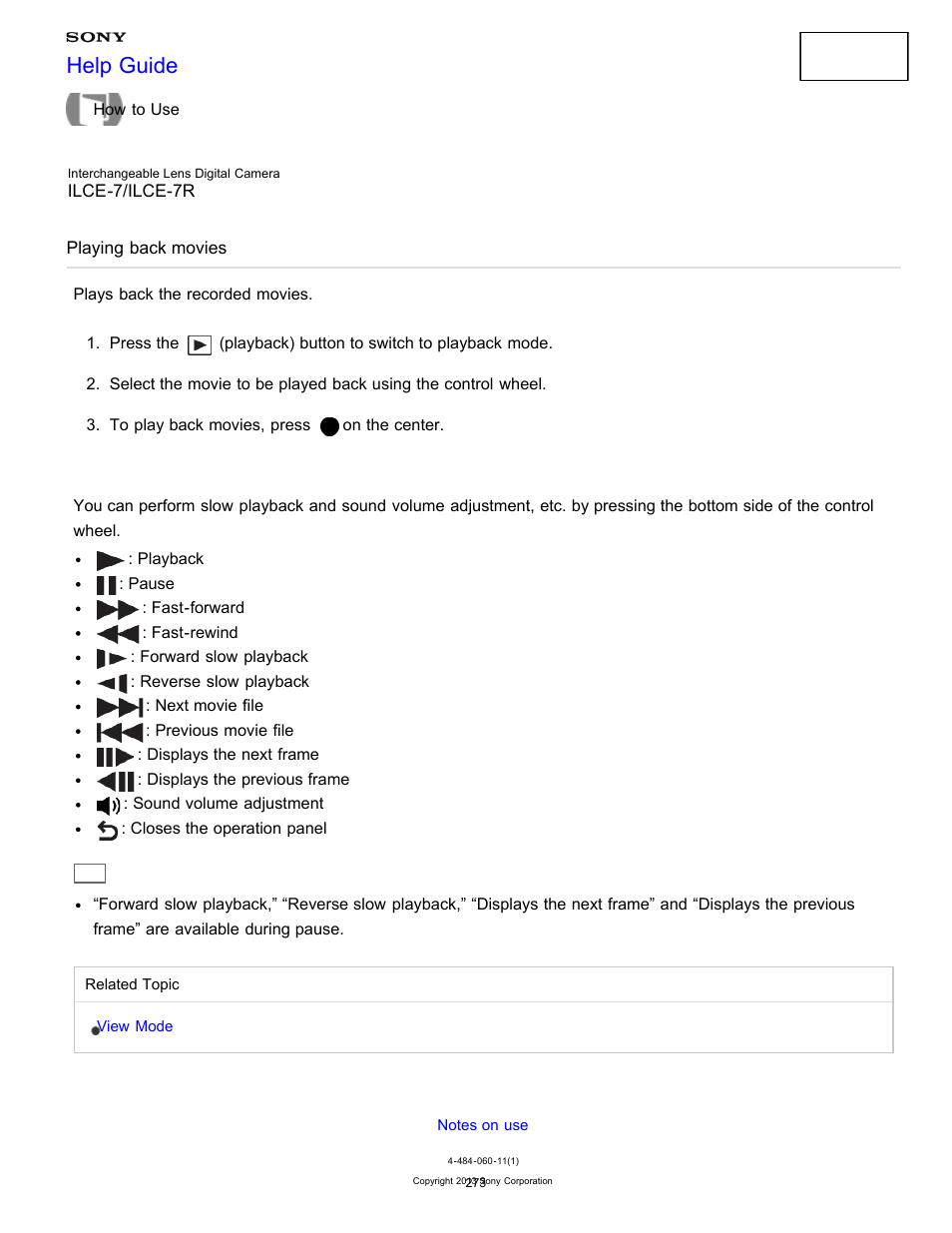 Playing back movies, Plays back the recorded movies, Help guide | Sony ILCE-7K User Manual | Page 282 / 455