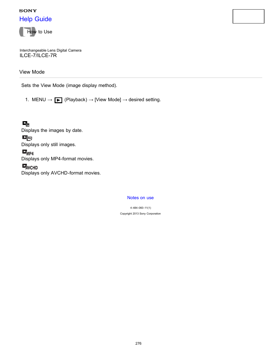 View mode, Sets the view mode (image display method), Help guide | Sony ILCE-7K User Manual | Page 285 / 455