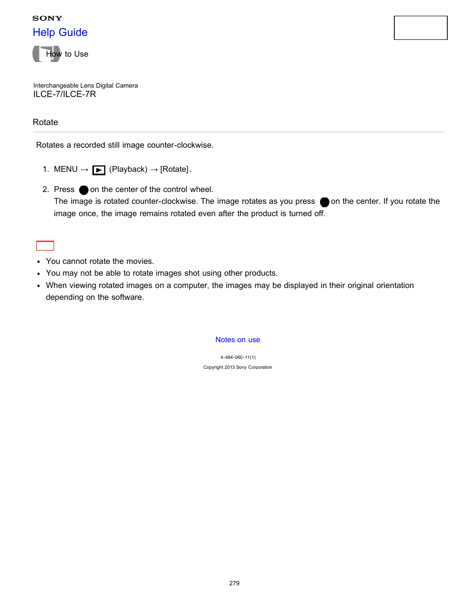 Rotate, Rotates a recorded still image counter-clockwise, Help guide | Sony ILCE-7K User Manual | Page 288 / 455