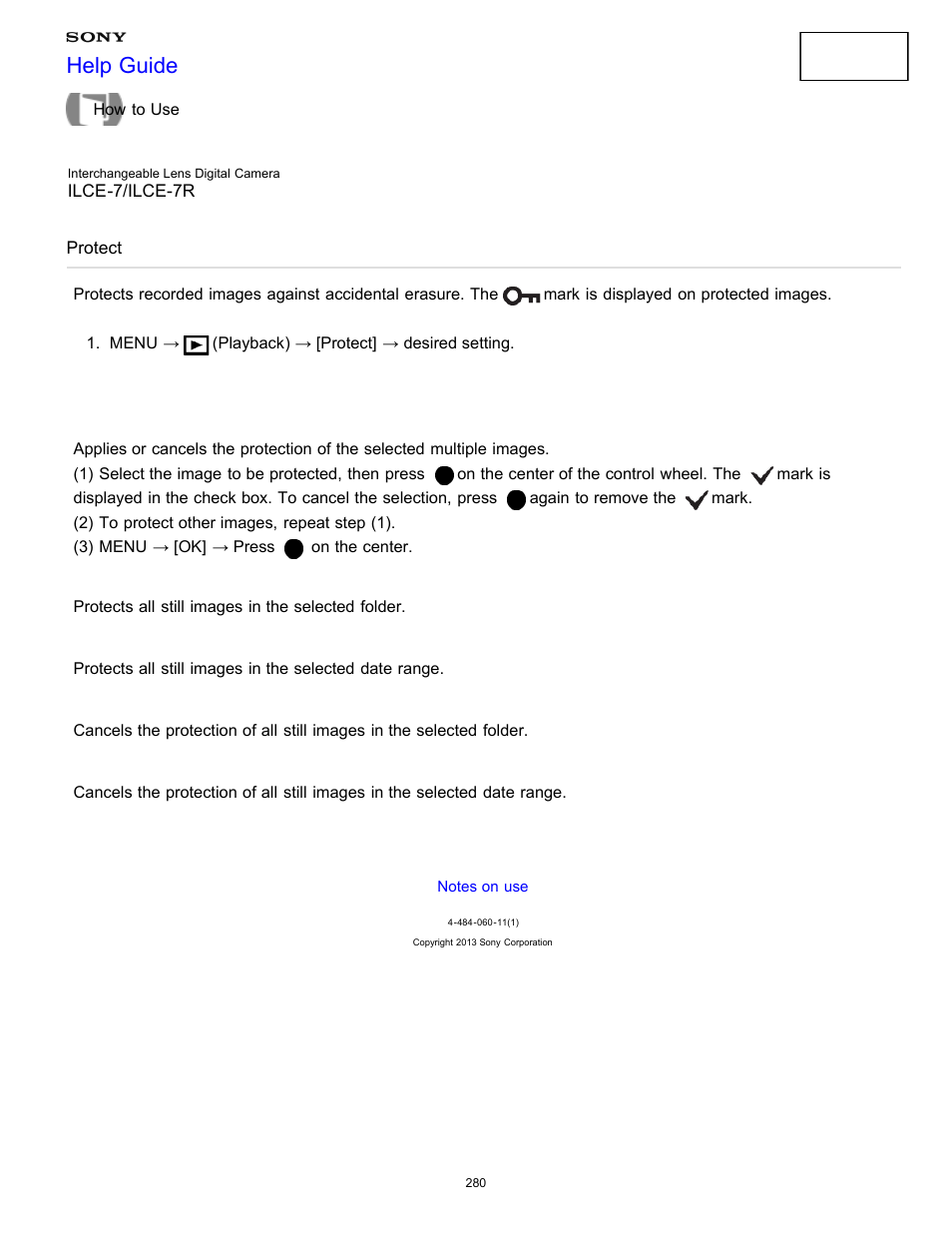 Protect, Help guide | Sony ILCE-7K User Manual | Page 289 / 455