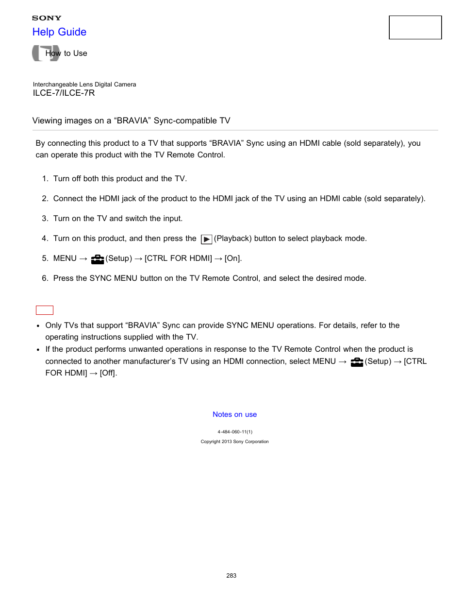 Viewing images on a “bravia” sync-compatible tv, Help guide | Sony ILCE-7K User Manual | Page 292 / 455