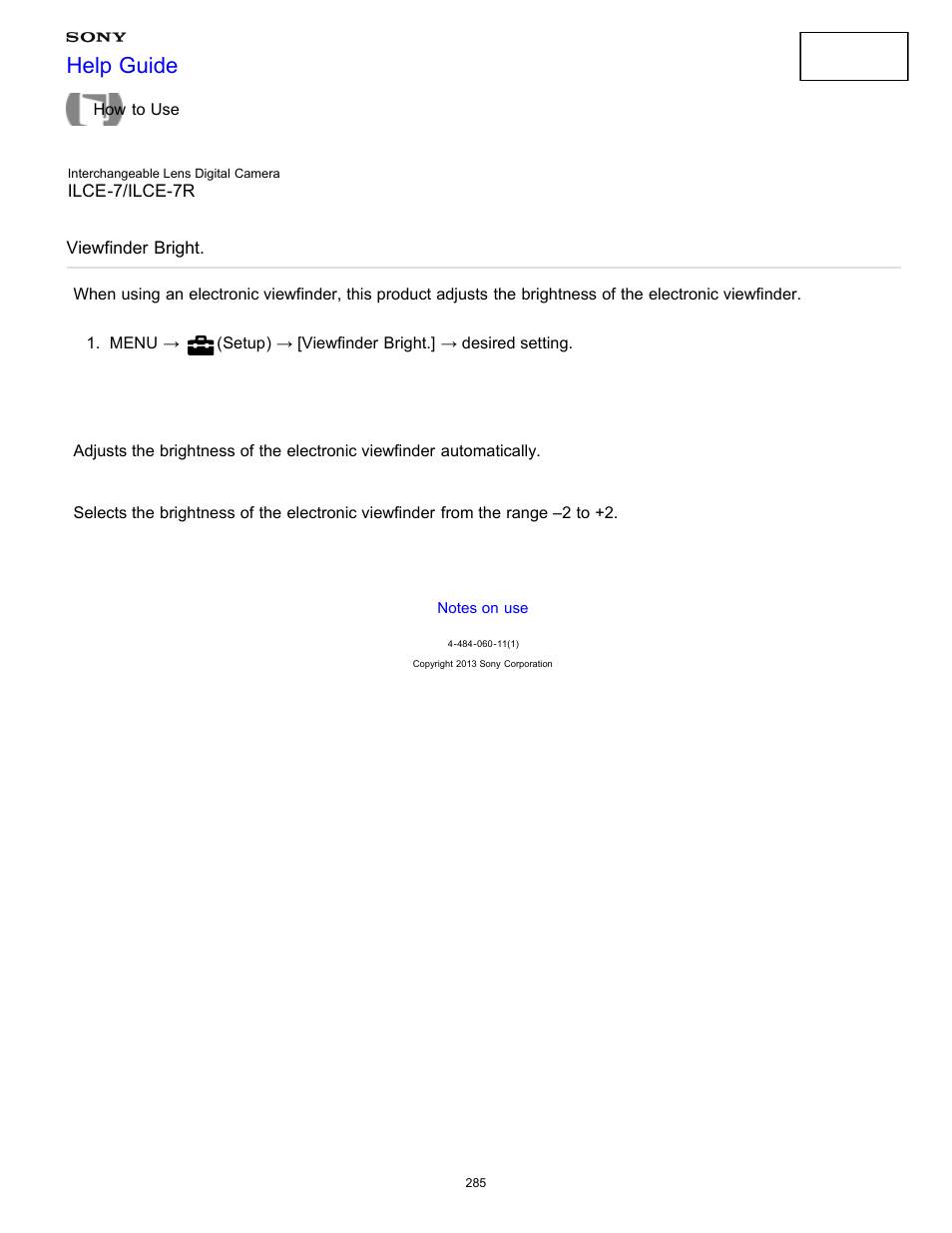 Viewfinder bright, Help guide | Sony ILCE-7K User Manual | Page 294 / 455