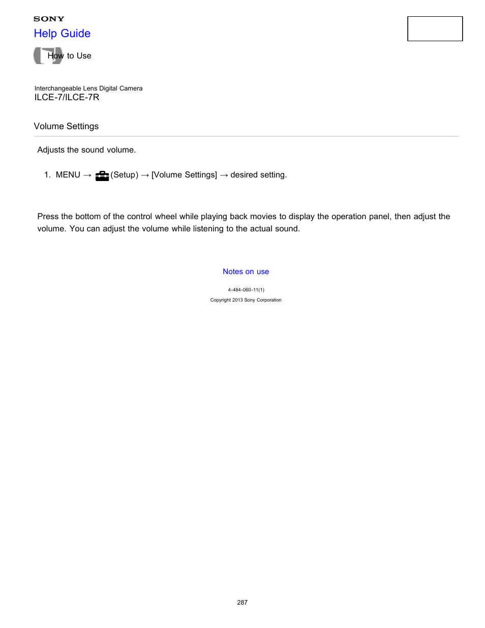 Volume settings, Adjusts the sound volume, Help guide | Sony ILCE-7K User Manual | Page 296 / 455