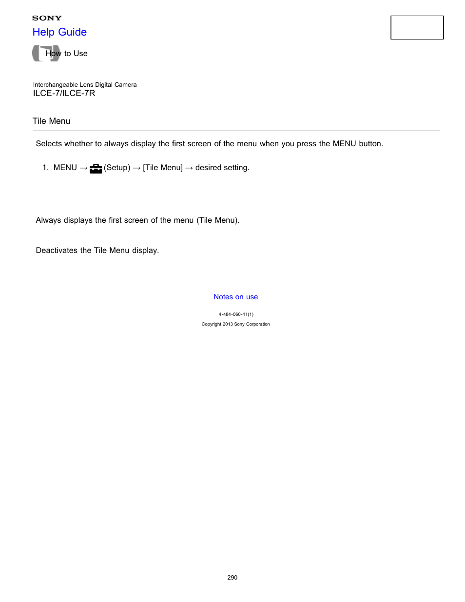 Tile menu, Help guide | Sony ILCE-7K User Manual | Page 299 / 455