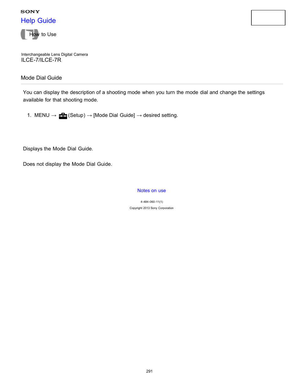 Mode dial guide, Help guide | Sony ILCE-7K User Manual | Page 300 / 455