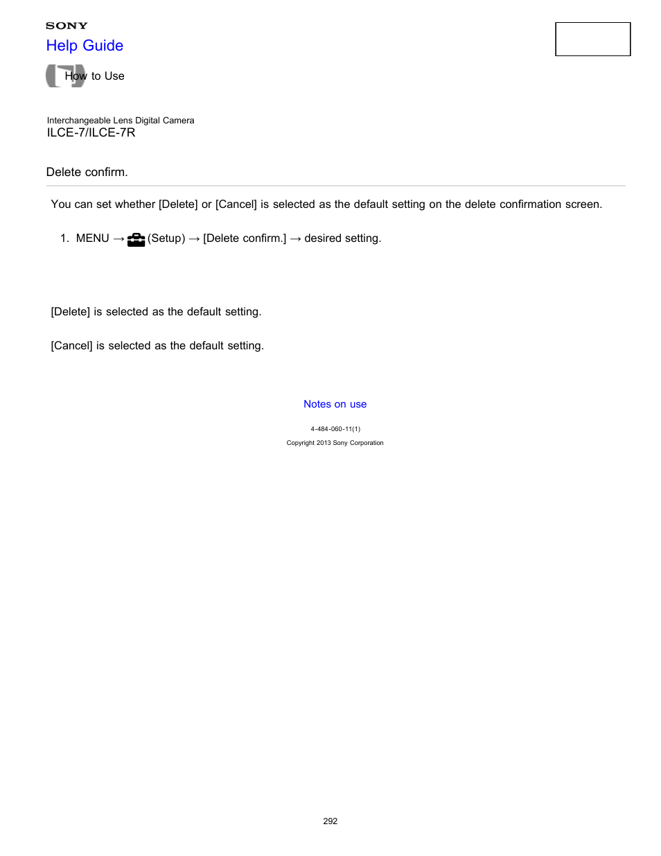 Delete confirm, Help guide | Sony ILCE-7K User Manual | Page 301 / 455