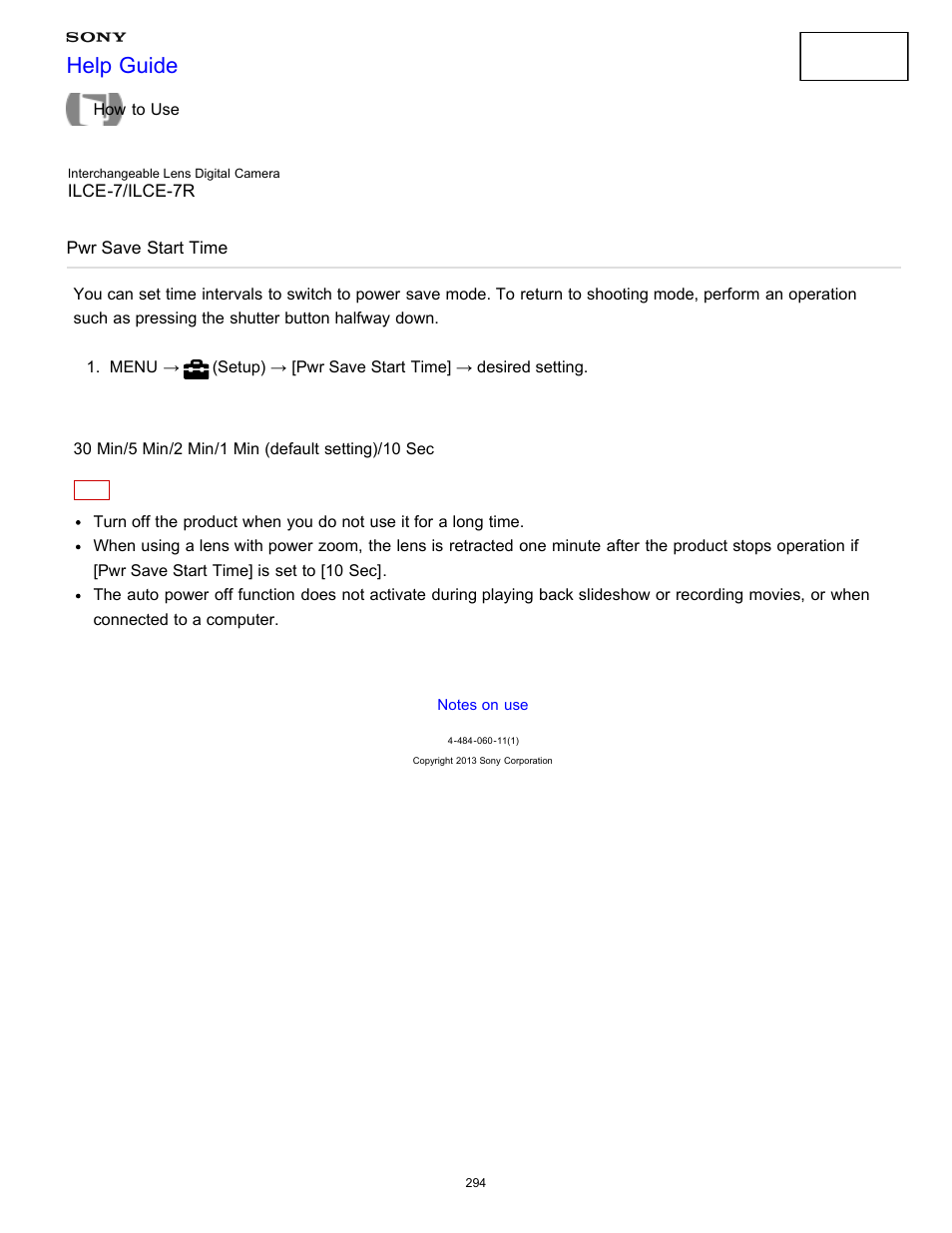 Pwr save start time, Help guide | Sony ILCE-7K User Manual | Page 303 / 455