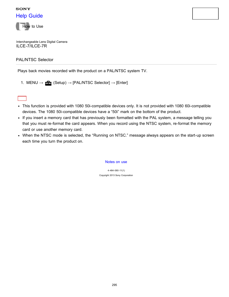 Pal/ntsc selector, Help guide | Sony ILCE-7K User Manual | Page 304 / 455