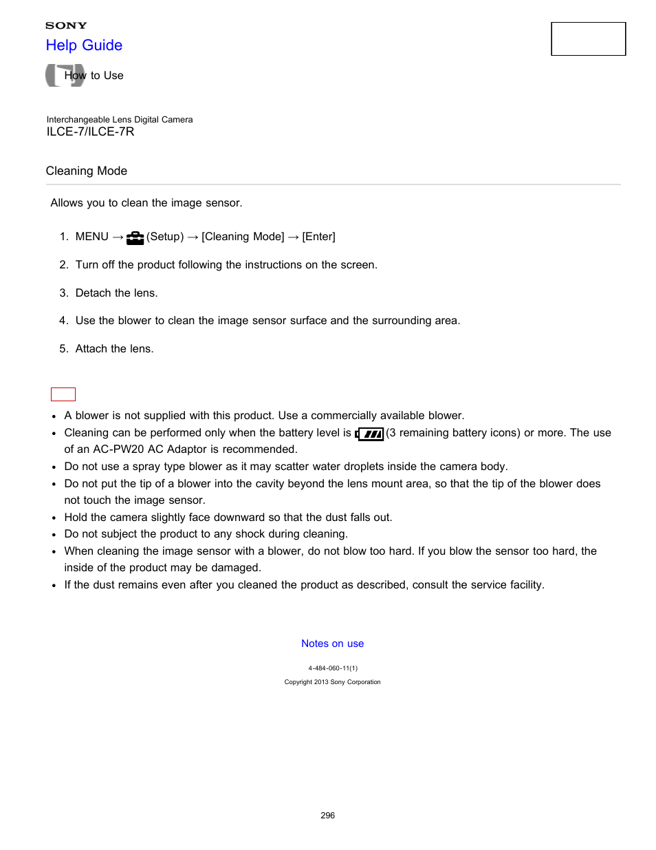 Cleaning mode, Allows you to clean the image sensor, Help guide | Sony ILCE-7K User Manual | Page 305 / 455