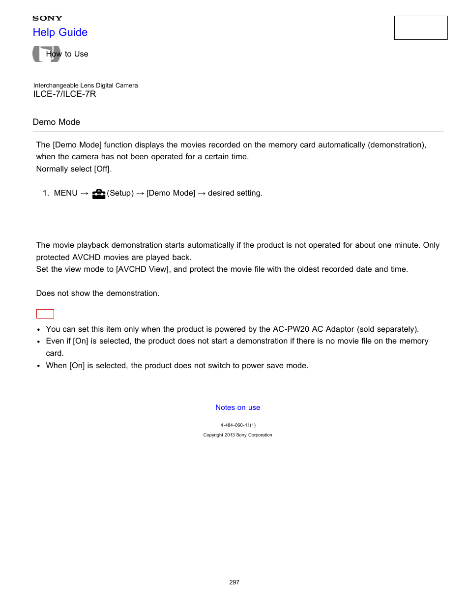 Demo mode, Help guide | Sony ILCE-7K User Manual | Page 306 / 455