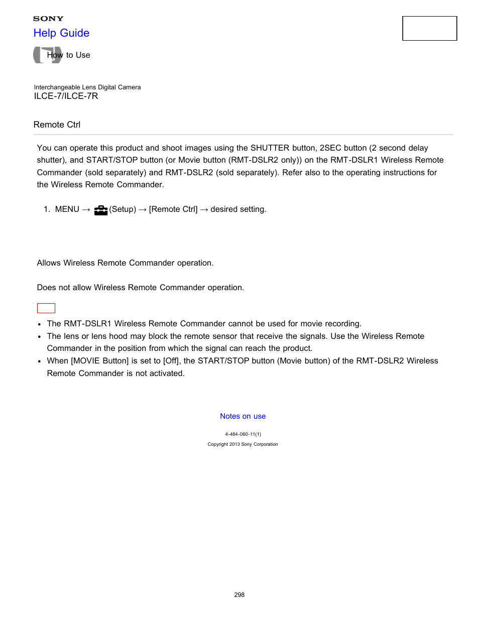 Remote ctrl, Help guide | Sony ILCE-7K User Manual | Page 307 / 455