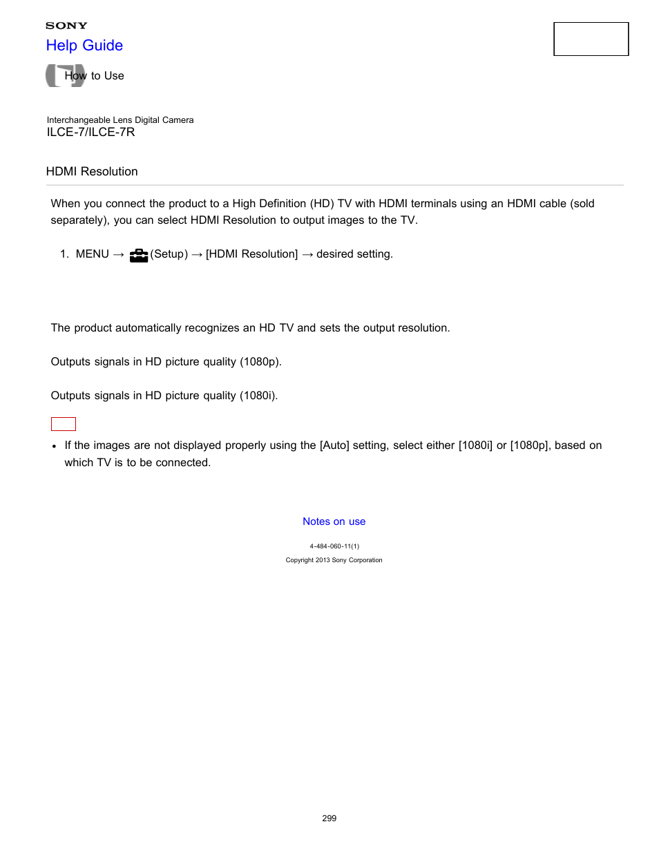 Hdmi resolution, Help guide | Sony ILCE-7K User Manual | Page 308 / 455