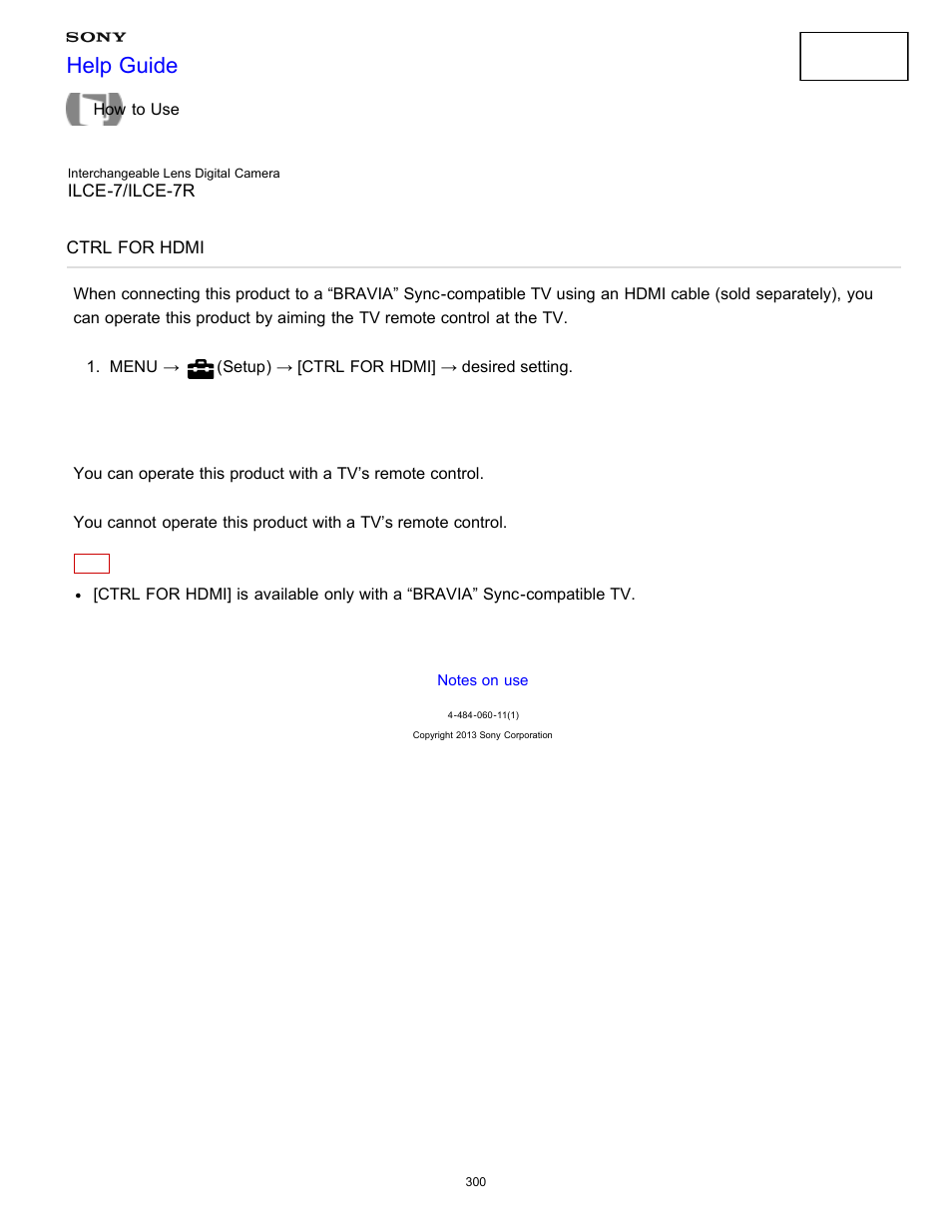 Ctrl for hdmi, Help guide | Sony ILCE-7K User Manual | Page 309 / 455