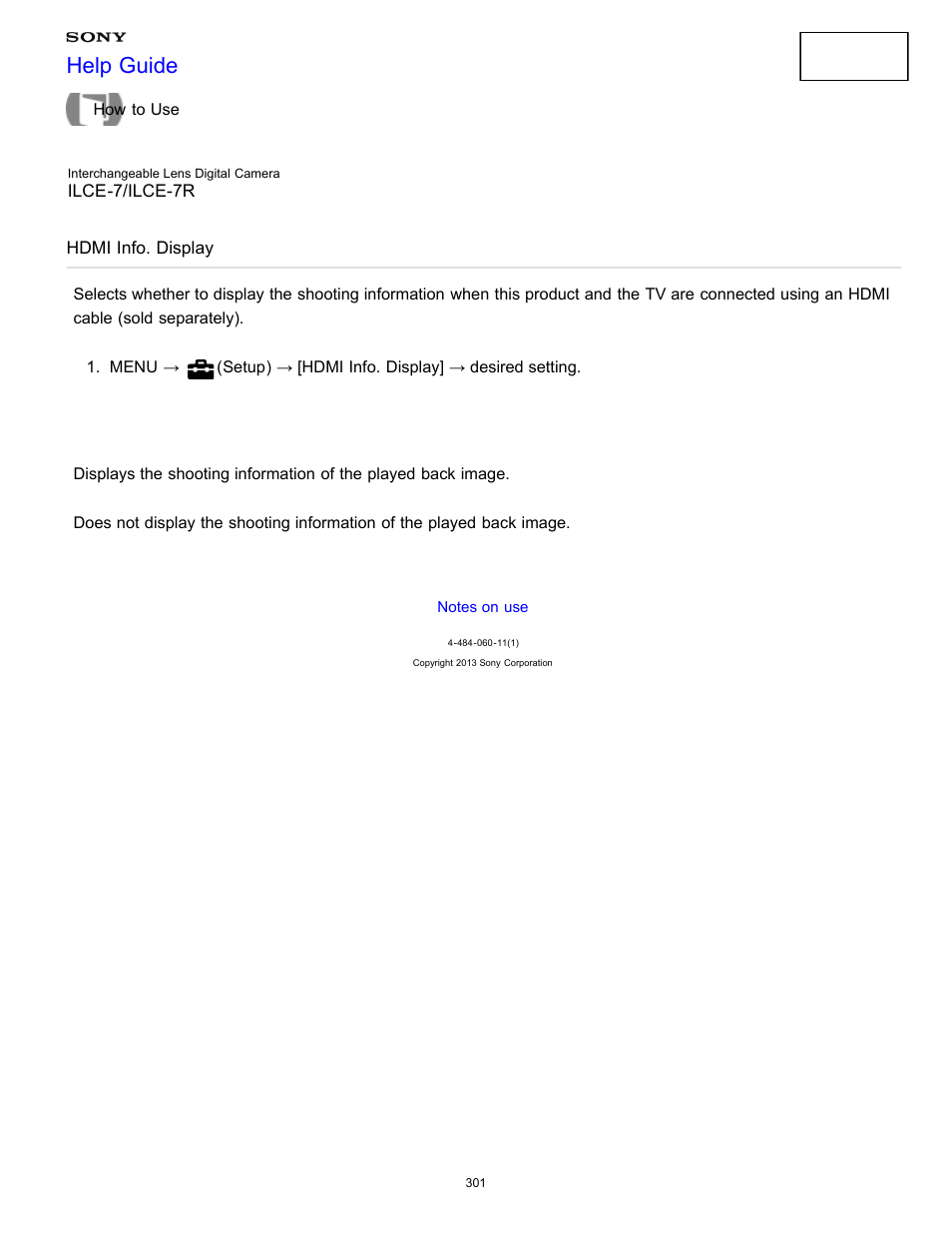 Hdmi info. display, Help guide | Sony ILCE-7K User Manual | Page 310 / 455