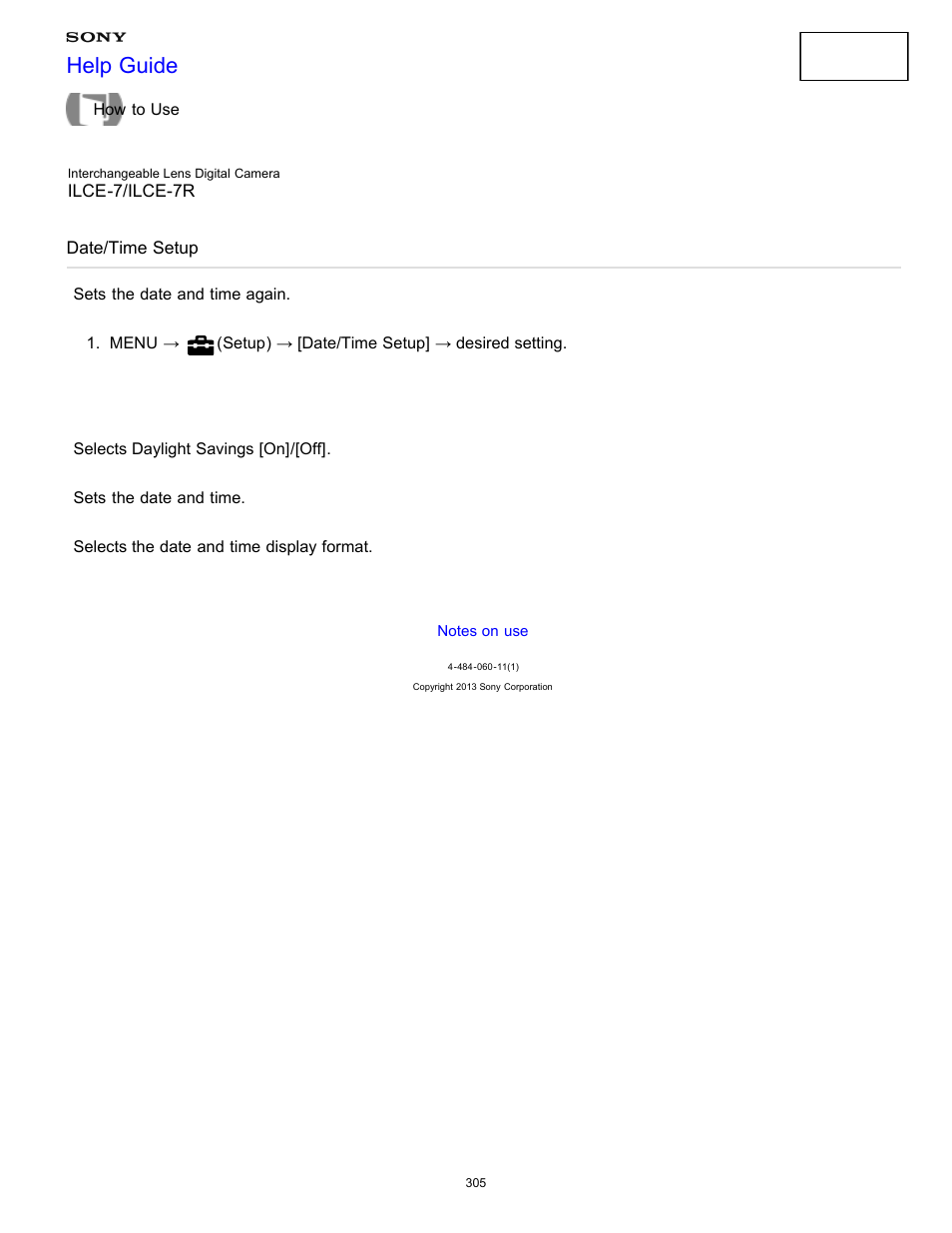 Date/time setup, Sets the date and time again, Help guide | Sony ILCE-7K User Manual | Page 314 / 455