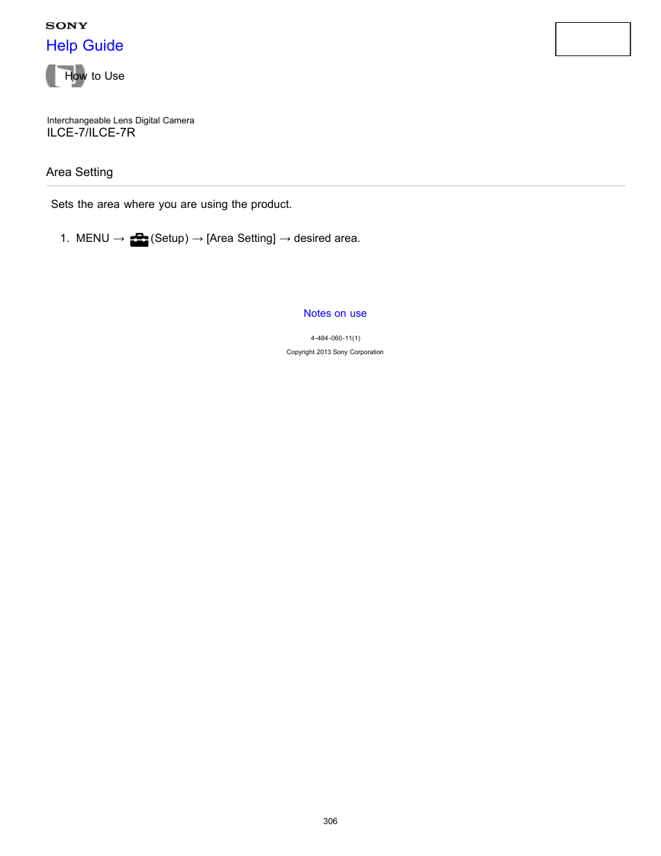 Area setting, Sets the area where you are using the product, Help guide | Sony ILCE-7K User Manual | Page 315 / 455