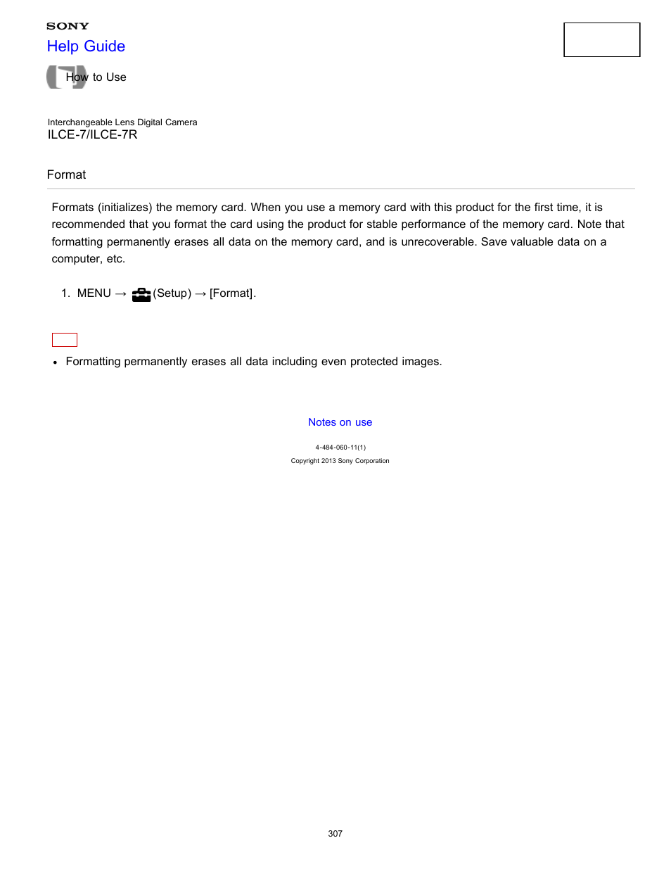 Format, Formats (initializes) the memory card, Help guide | Sony ILCE-7K User Manual | Page 316 / 455