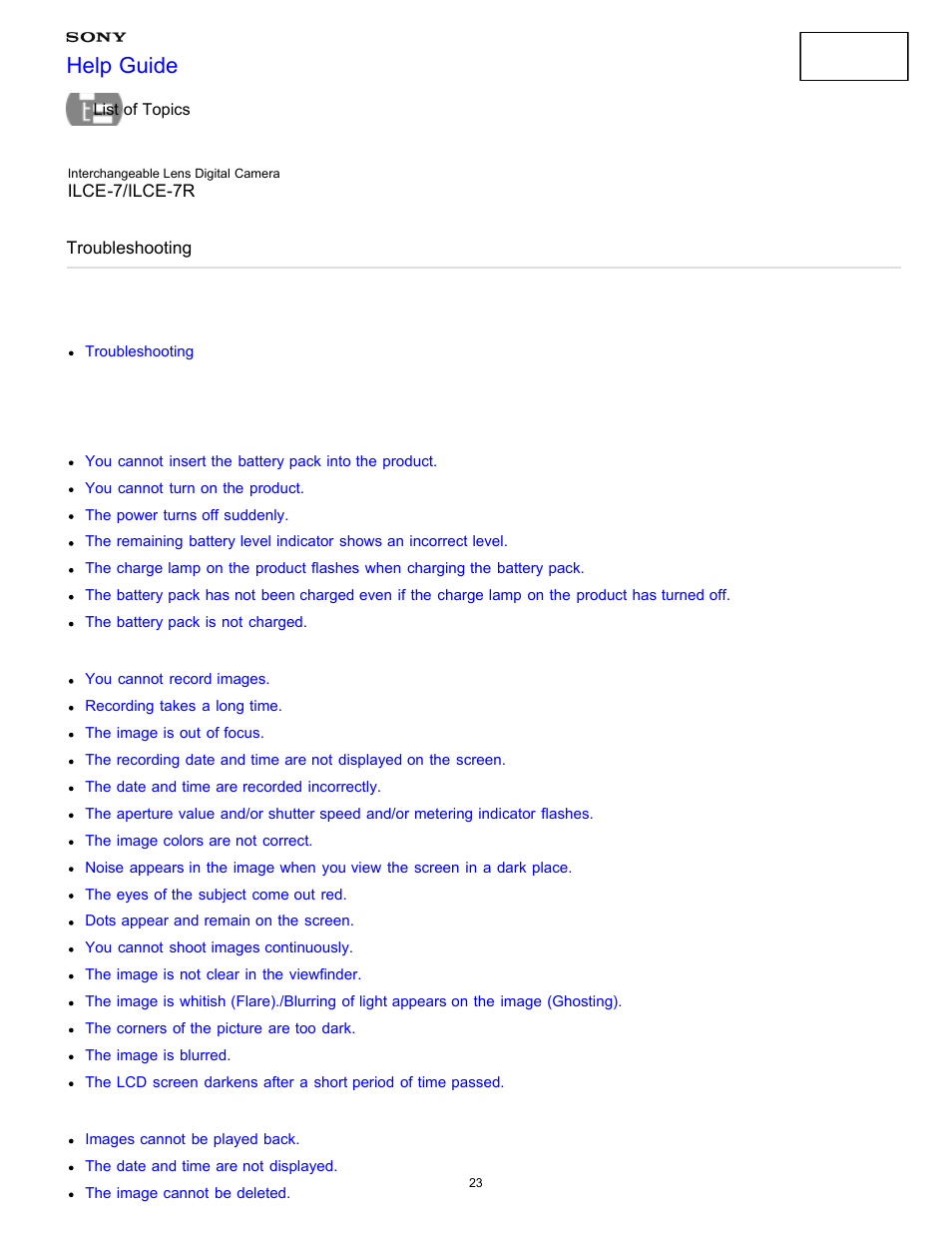 Troubleshooting, Help guide | Sony ILCE-7K User Manual | Page 32 / 455