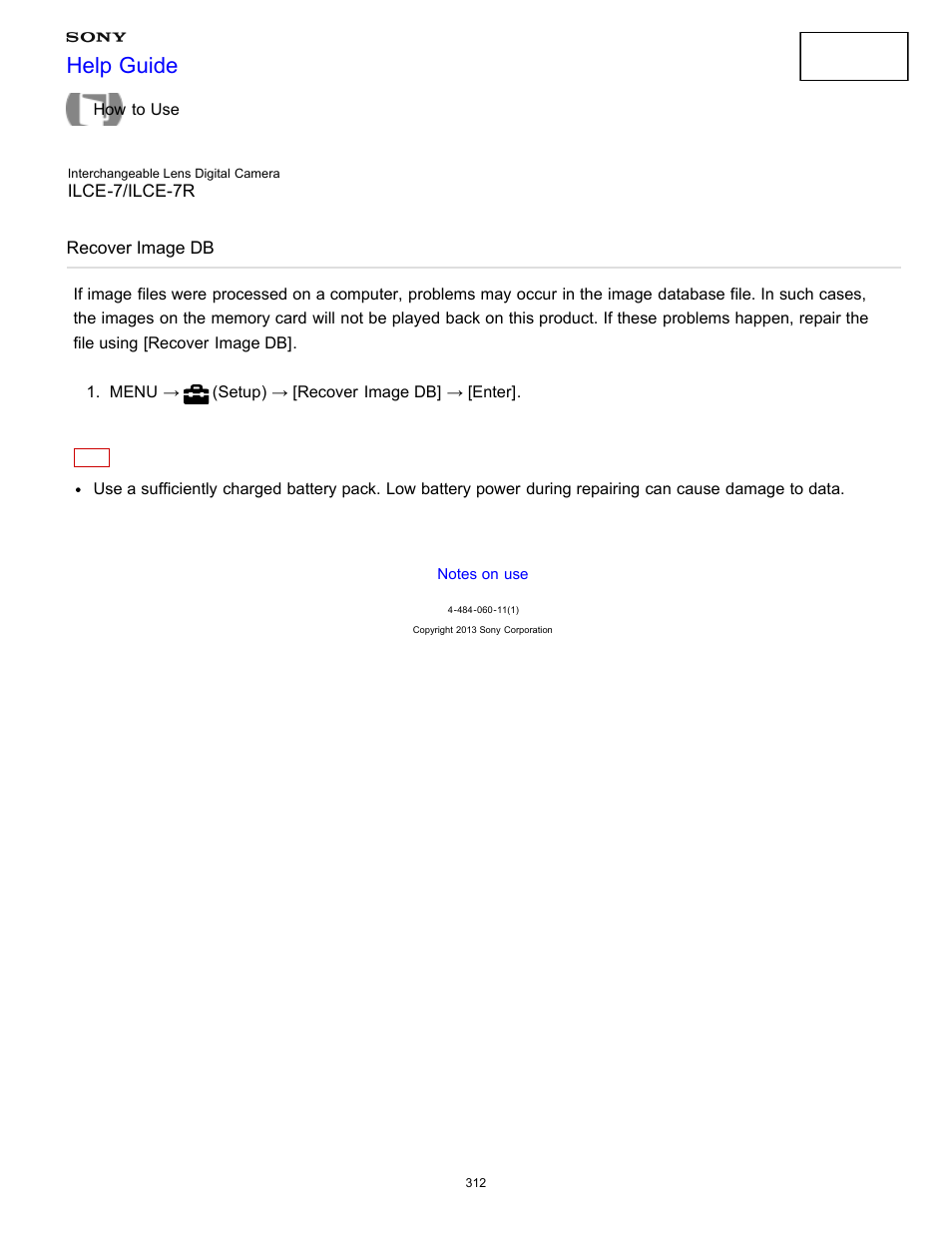 Recover image db, Help guide | Sony ILCE-7K User Manual | Page 321 / 455