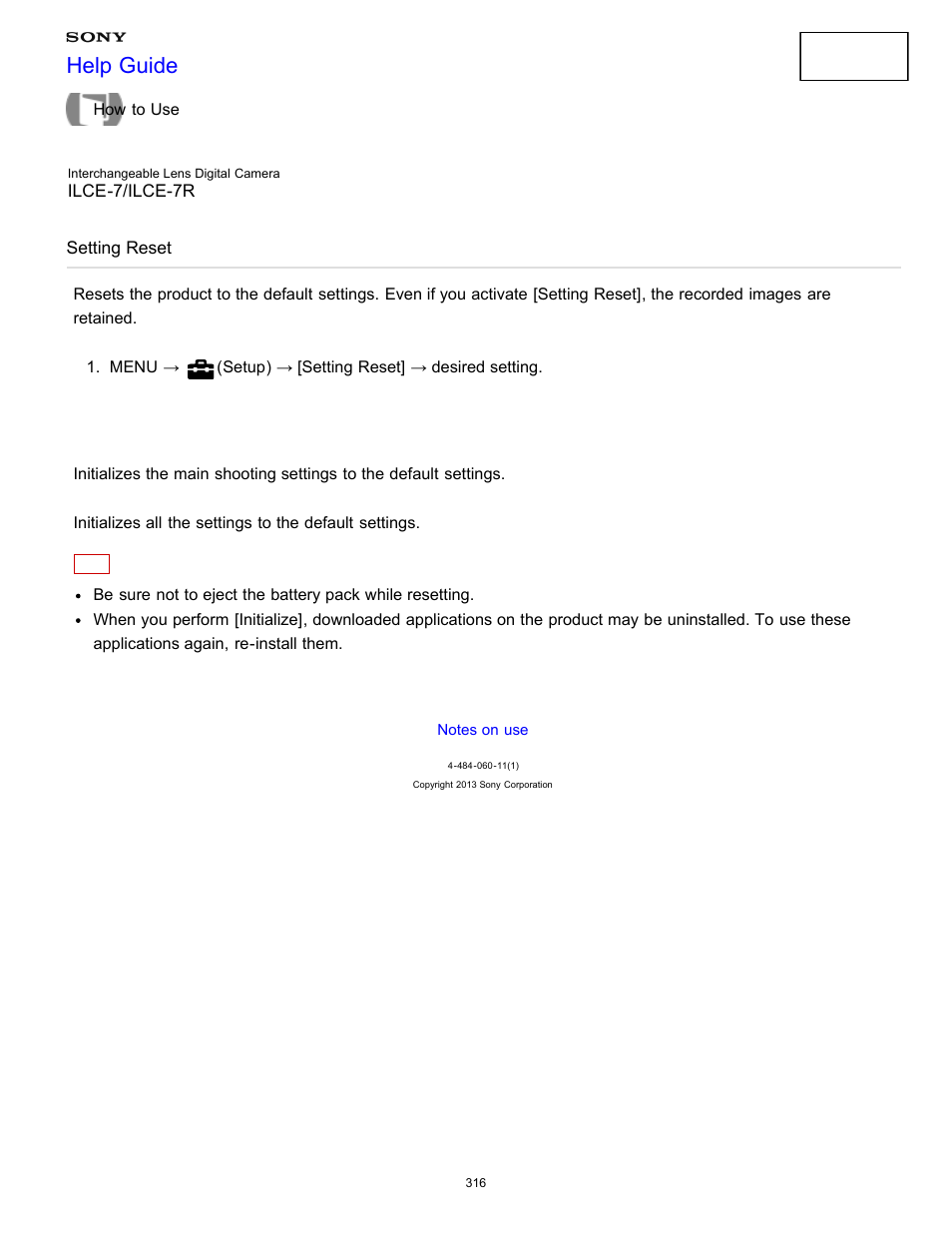 Setting reset, Resets the product to the default settings, Help guide | Sony ILCE-7K User Manual | Page 325 / 455