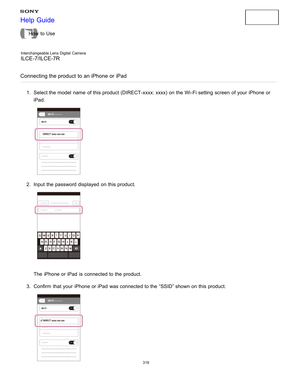 Connecting the product to an iphone or ipad, Help guide | Sony ILCE-7K User Manual | Page 328 / 455