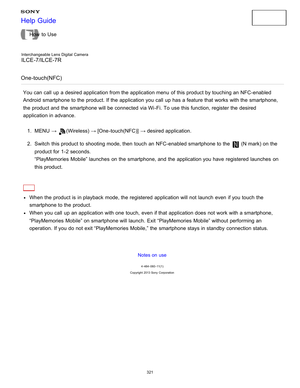 One-touch(nfc), Help guide | Sony ILCE-7K User Manual | Page 330 / 455