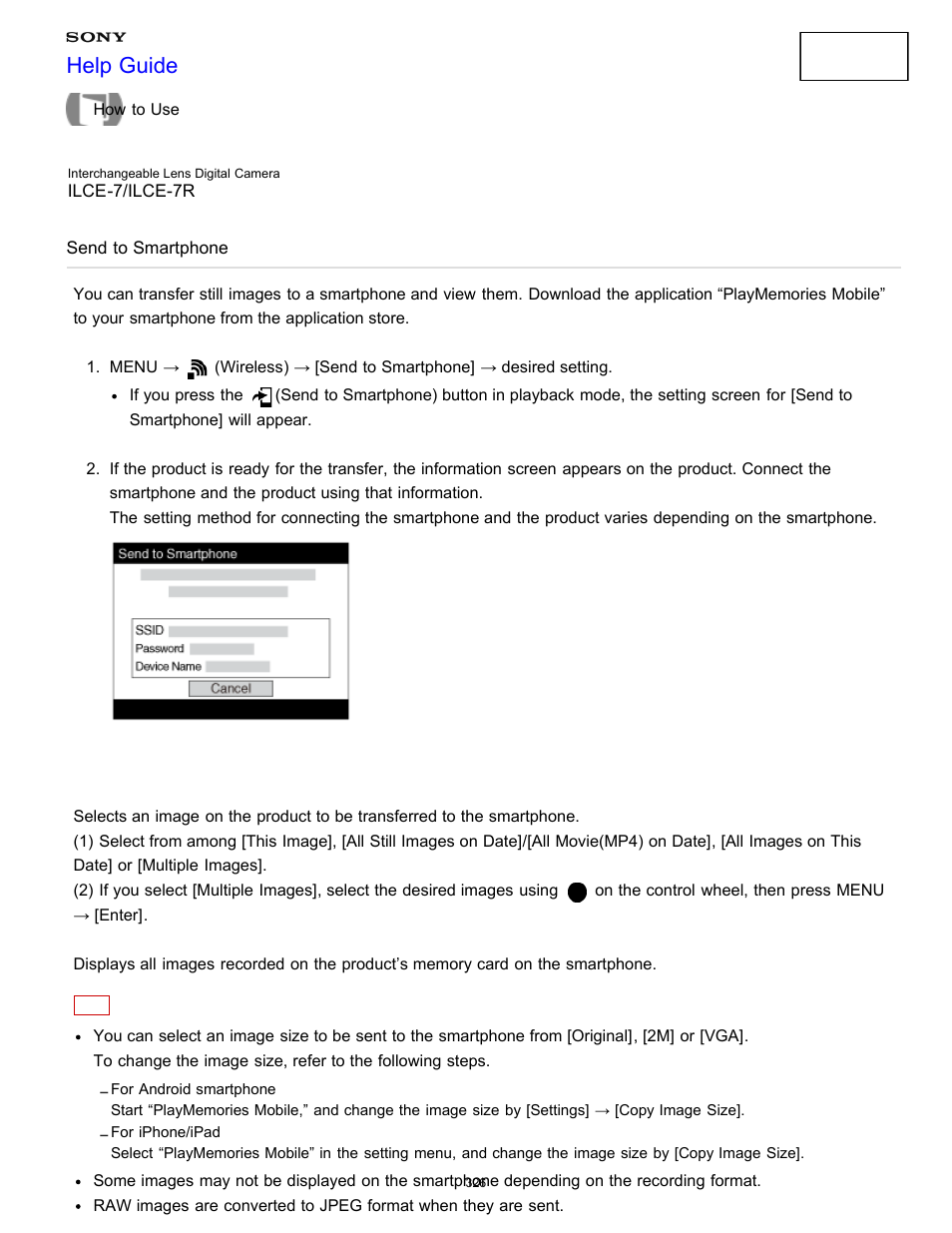 Send to smartphone, Help guide | Sony ILCE-7K User Manual | Page 335 / 455