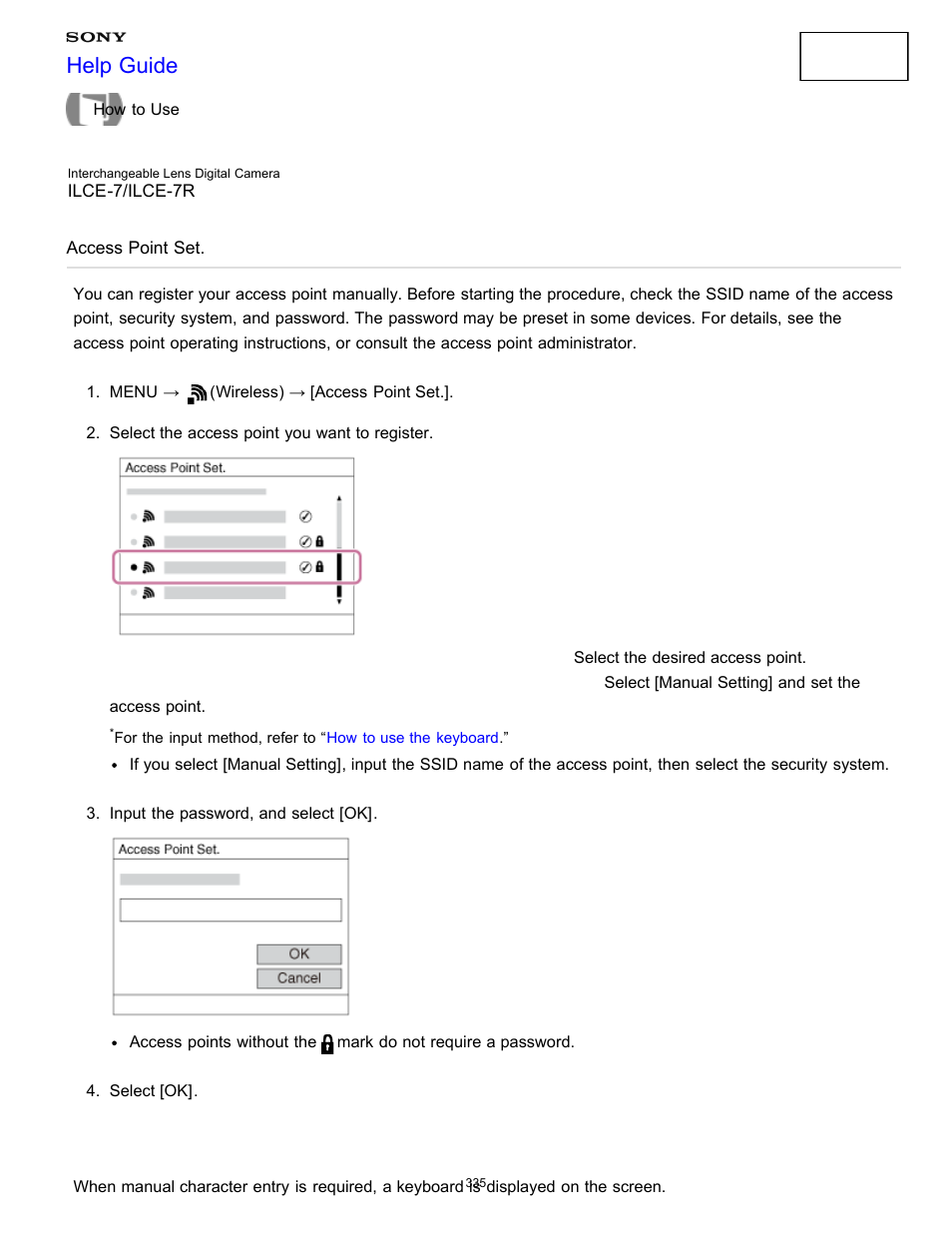 Access point set, You can register your access point manually, Help guide | Sony ILCE-7K User Manual | Page 344 / 455