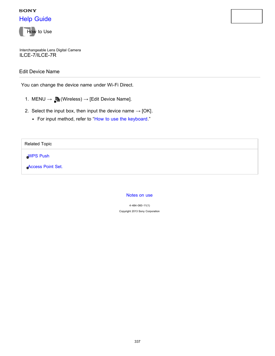 Edit device name, You can change the device name under wi-fi direct, Help guide | Sony ILCE-7K User Manual | Page 346 / 455