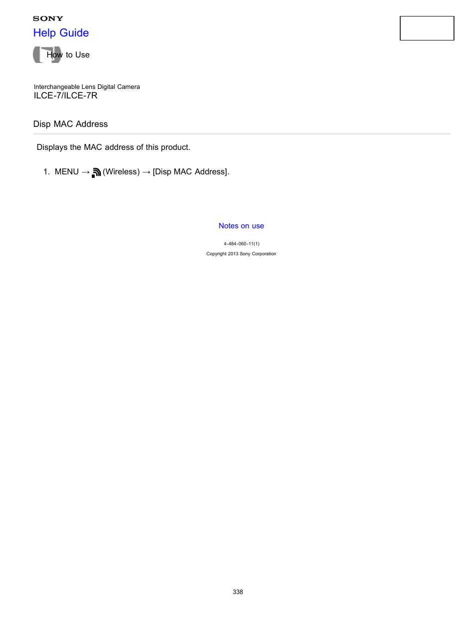 Disp mac address, Displays the mac address of this product, Help guide | Sony ILCE-7K User Manual | Page 347 / 455