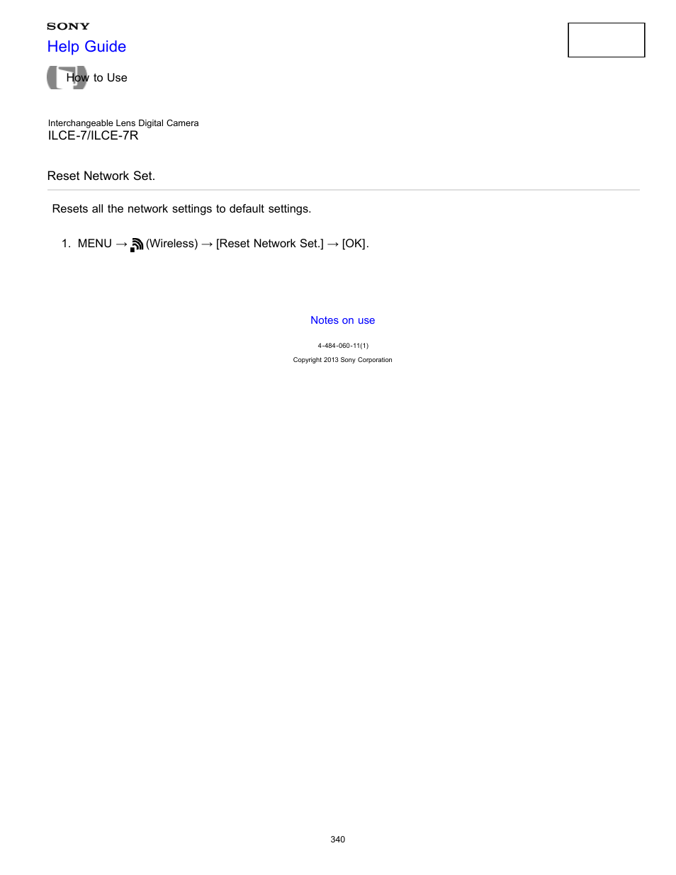 Reset network set, Help guide | Sony ILCE-7K User Manual | Page 349 / 455