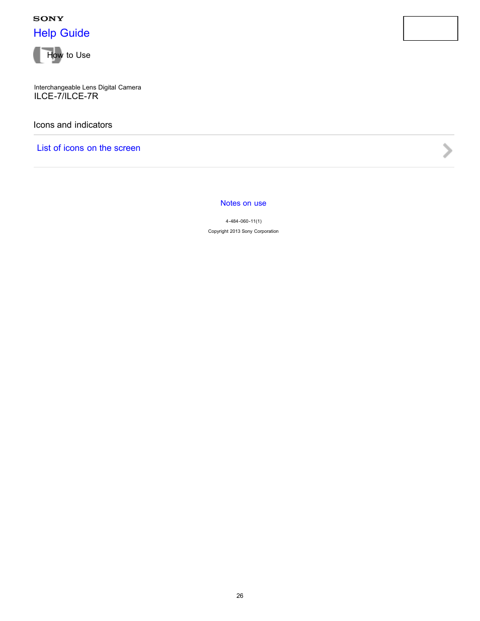 Icons and indicators, Help guide | Sony ILCE-7K User Manual | Page 35 / 455