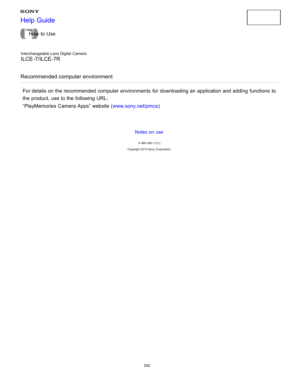Recommended computer environment, Help guide | Sony ILCE-7K User Manual | Page 351 / 455