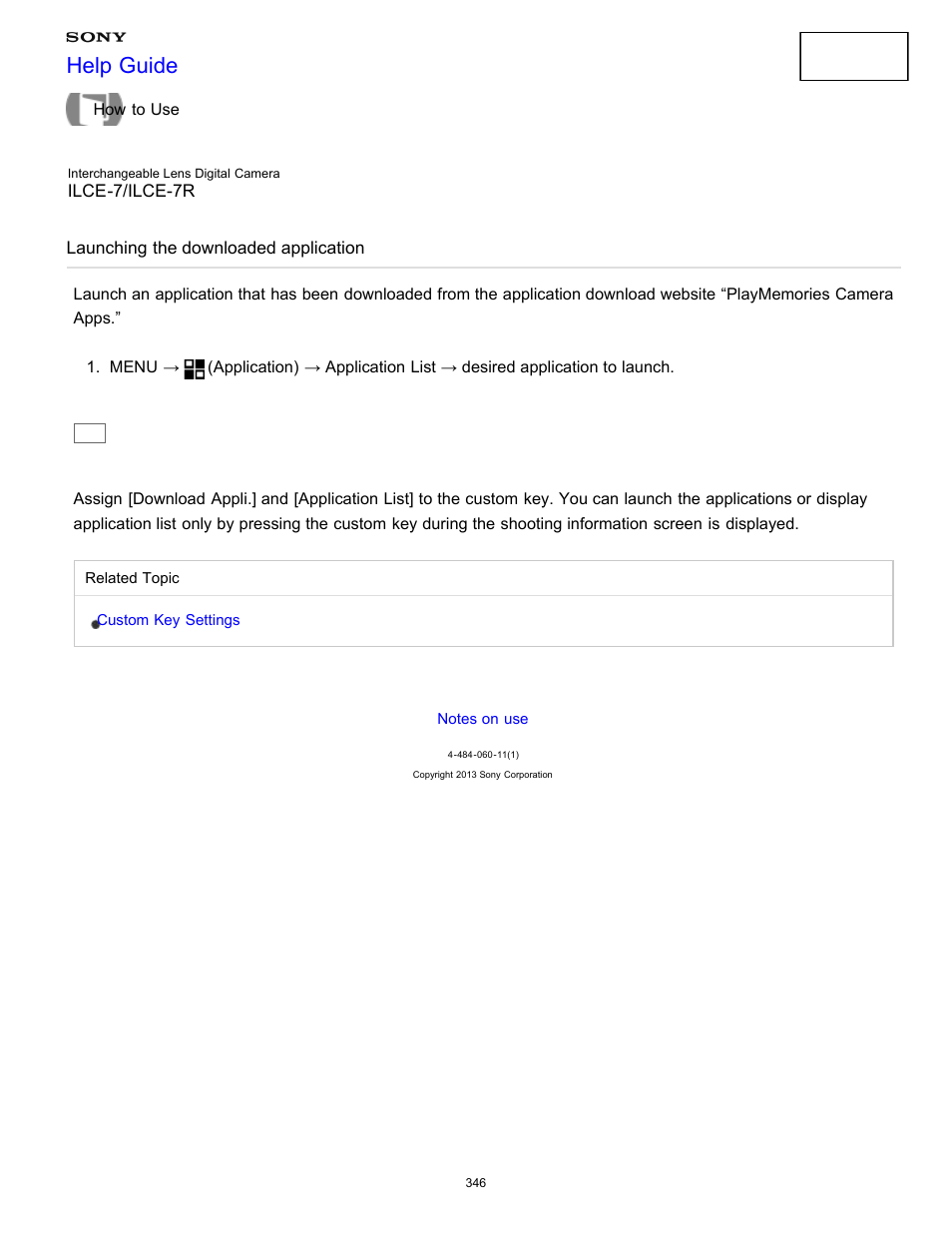 Launching the downloaded application, Help guide | Sony ILCE-7K User Manual | Page 355 / 455
