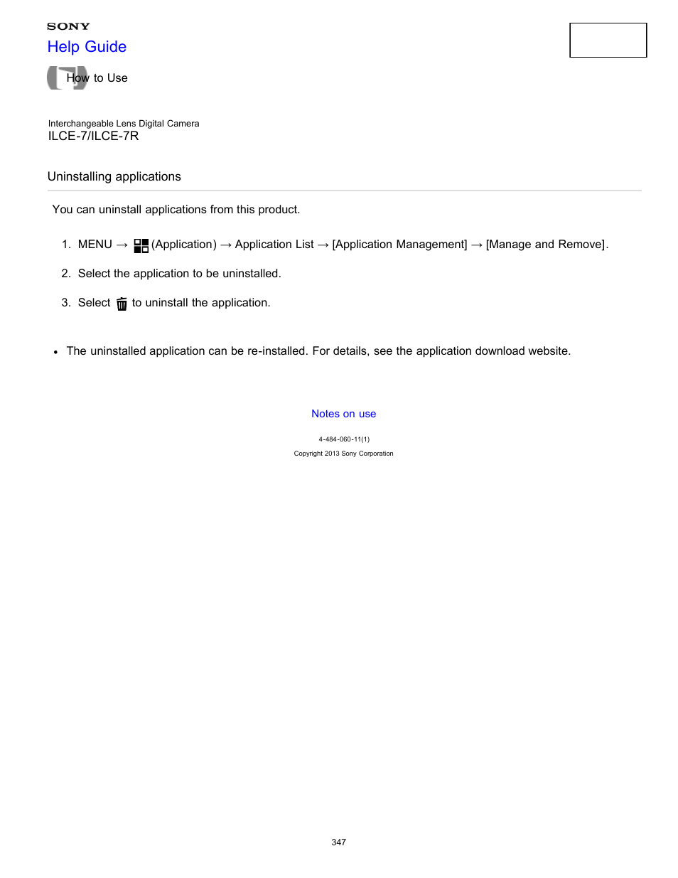 Uninstalling applications, You can uninstall applications from this product, Help guide | Sony ILCE-7K User Manual | Page 356 / 455