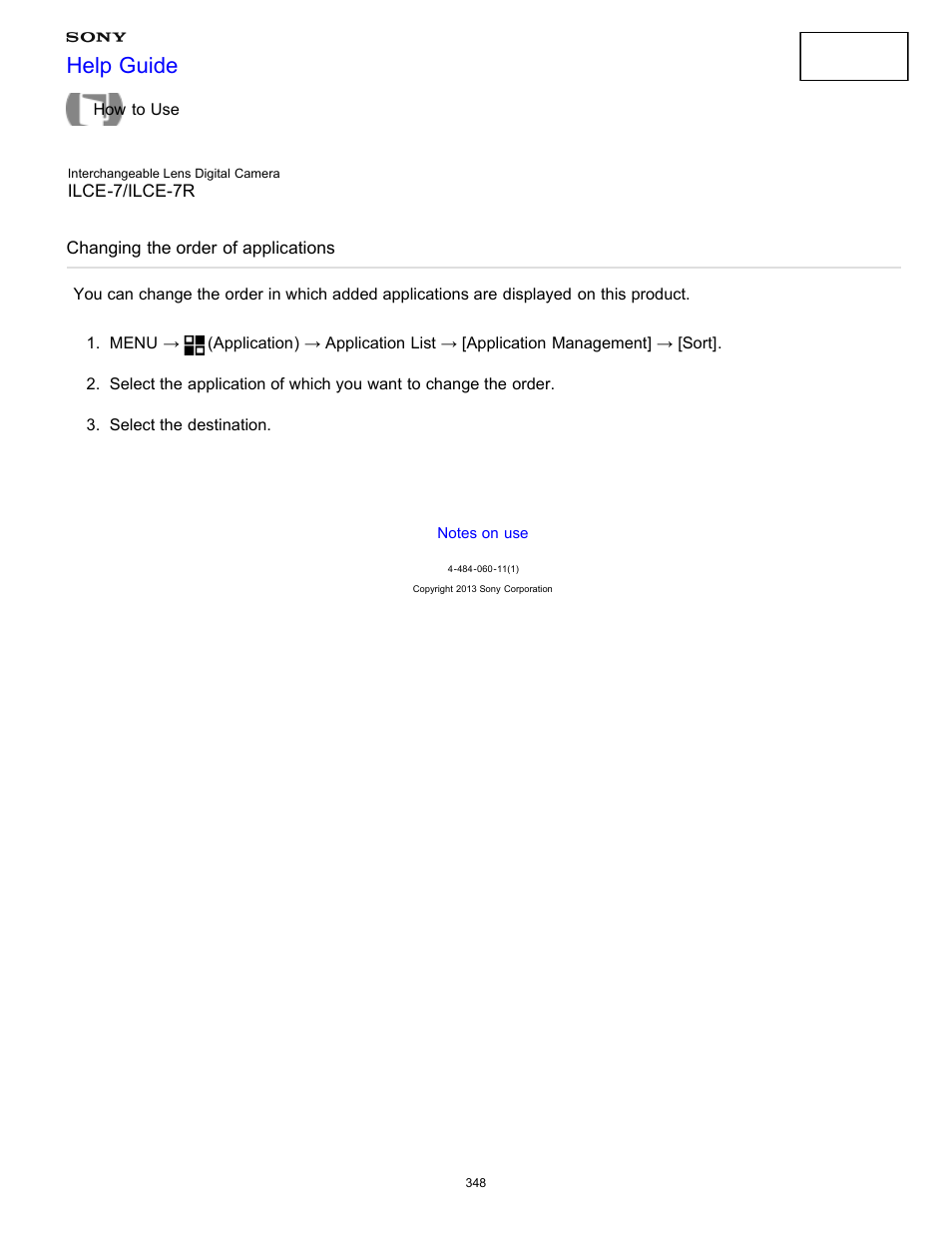 Changing the order of applications, Help guide | Sony ILCE-7K User Manual | Page 357 / 455