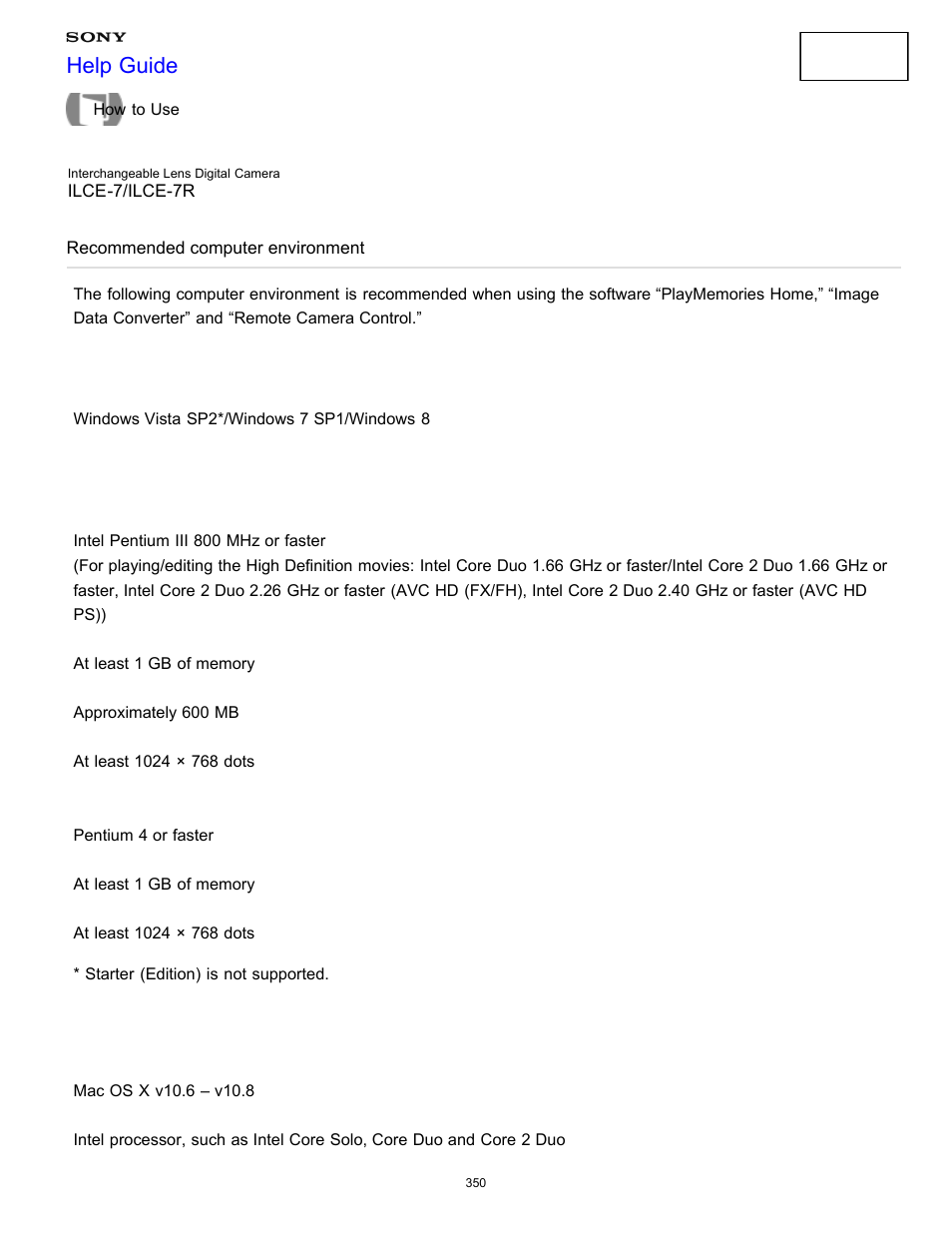 Recommended computer environment, Help guide | Sony ILCE-7K User Manual | Page 359 / 455