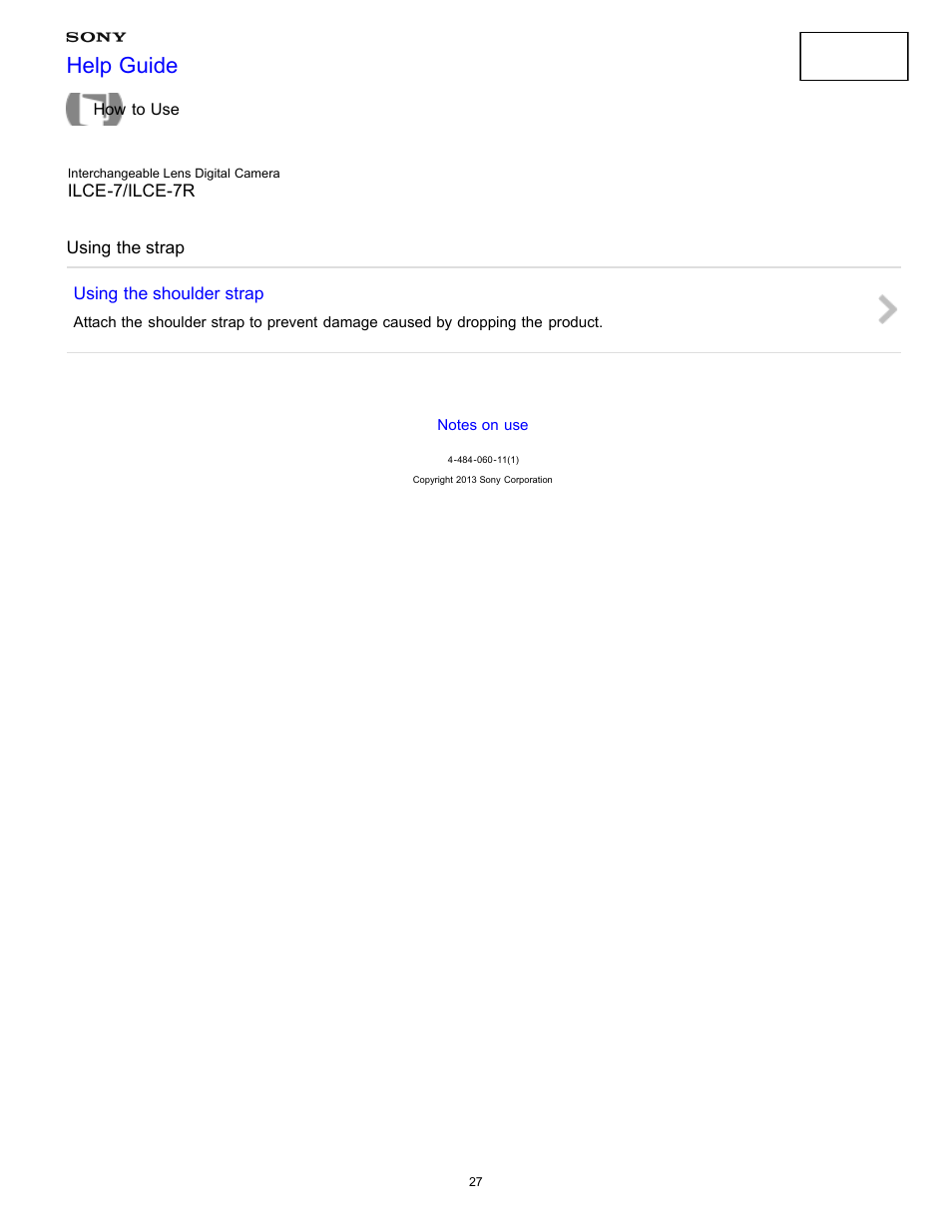 Using the strap, Help guide | Sony ILCE-7K User Manual | Page 36 / 455