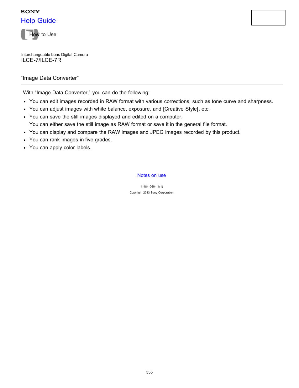 Image data converter, Help guide | Sony ILCE-7K User Manual | Page 364 / 455