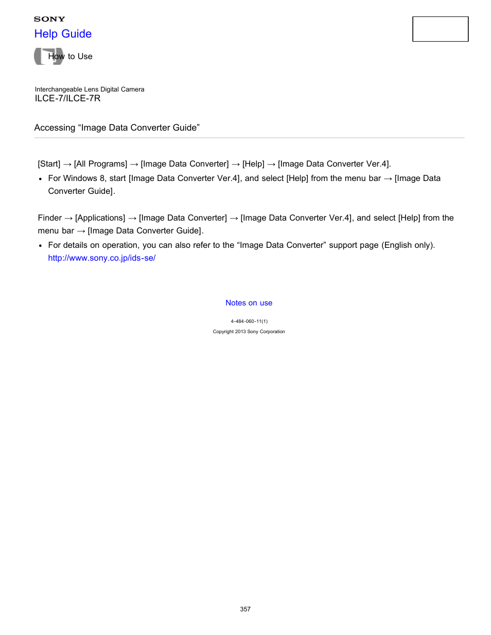 Accessing “image data converter guide, Help guide | Sony ILCE-7K User Manual | Page 366 / 455